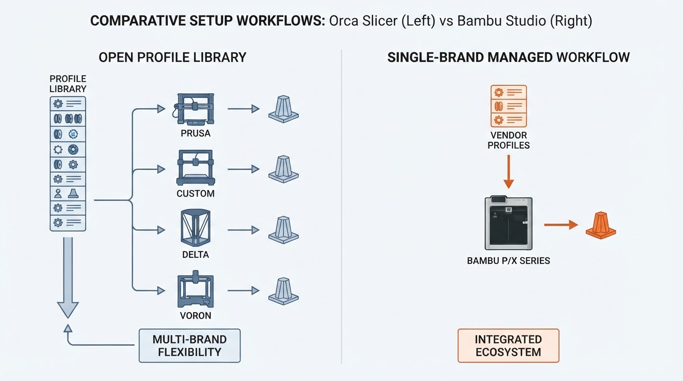 Workflow diagram for orca slicer vs bambu studio.